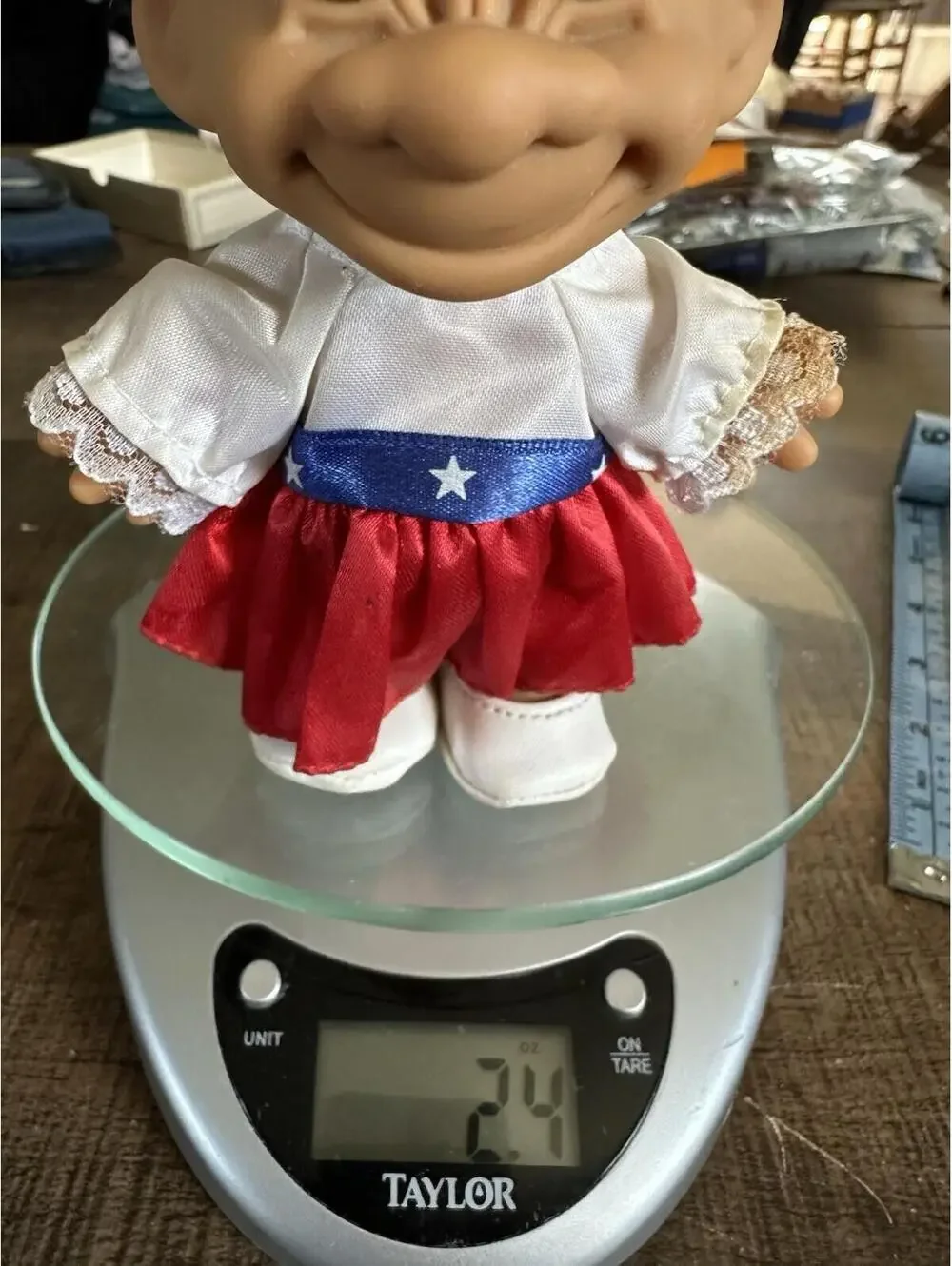 Vintage Russ Blue Hair Troll Doll in Patriotic Dress